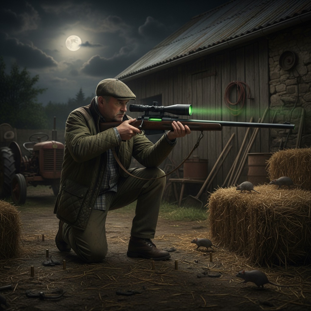 A man in a flat cap and quilted jacket kneels outside a barn at night, aiming a rifle with a glowing green scope at several rats near straw bales.